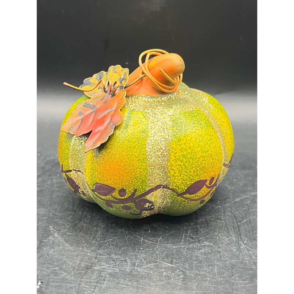 Sparkling Green & Orange Ceramic Pumpkin Decor Fall Autumn Glitter Leaf 3" x 3"